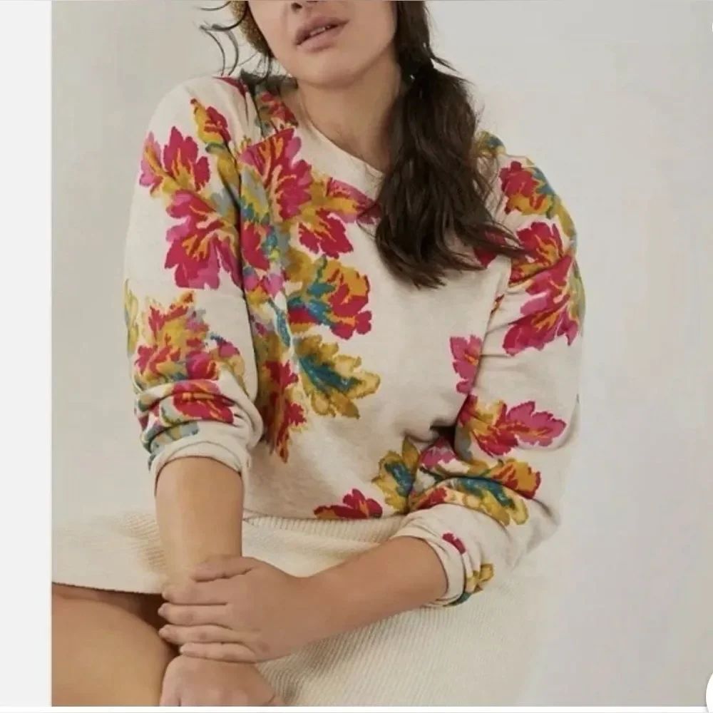 Anthropologie Cream Sweatshirt with Pink, Yellow & Teal Floral Print